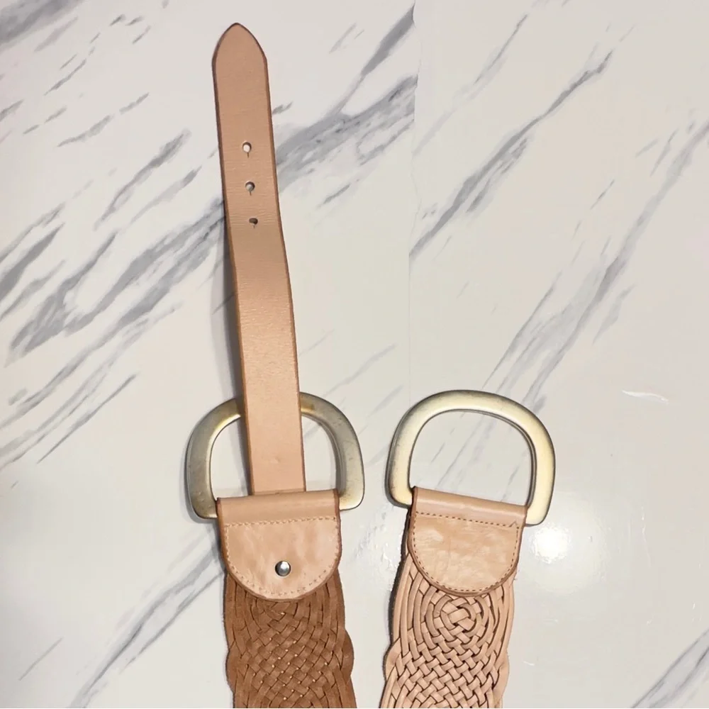 Linea Pelle Braided Leather Belt in Light Tan with Gold Buckles